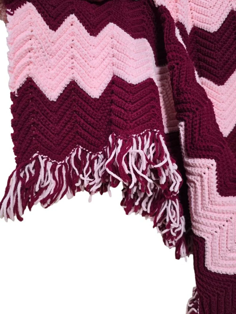 Vintage Handmade Chevron Afghan Blanket Pink Burgundy Fringed Knitted 72